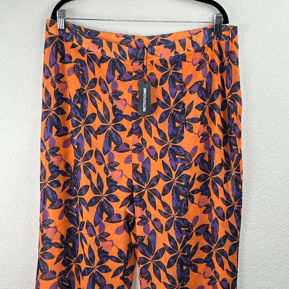 PrettyLittleThing Orange Tropical High Rise Sheer Flare Beach Pants 14  NWT - Picture 5 of 12